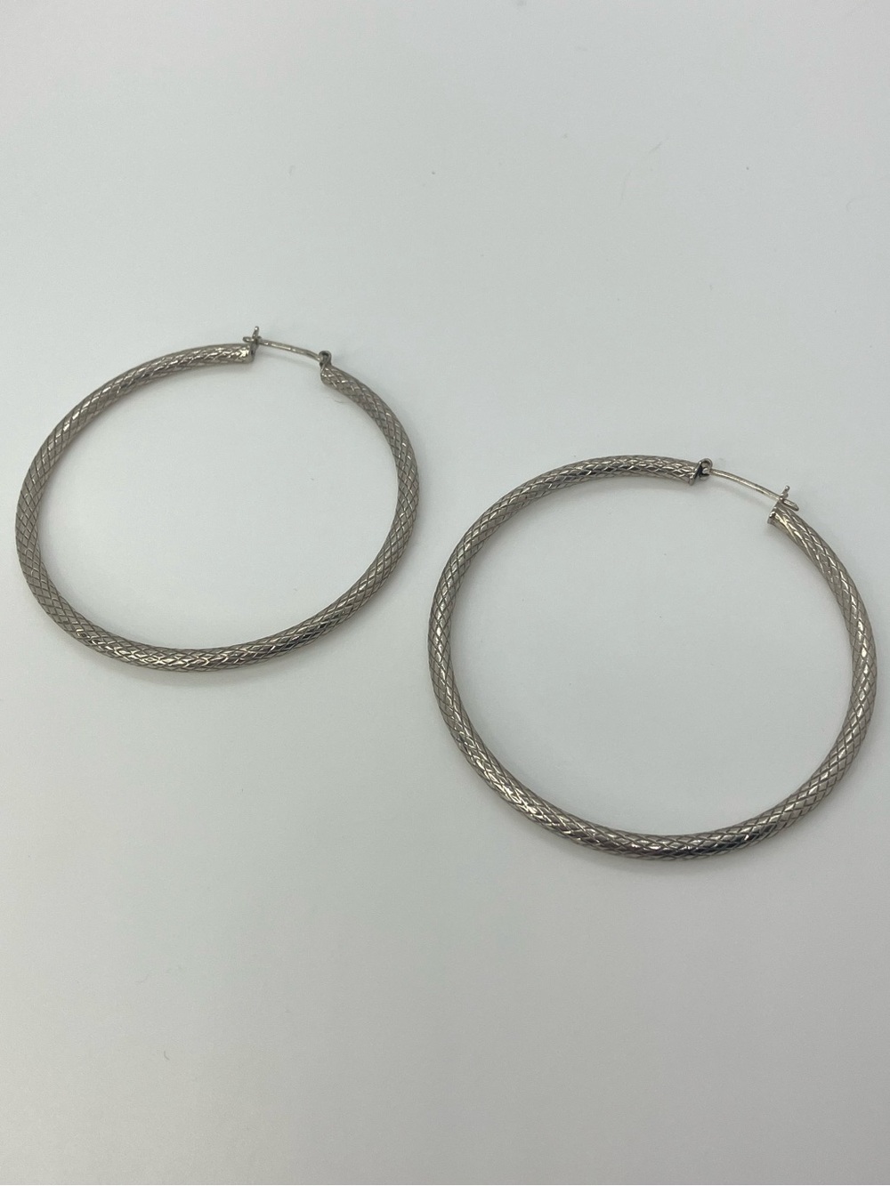 Vtg Italian 925 Oversized Hoop Earrings Crosshatch Diamond Cut Design | 10.3g